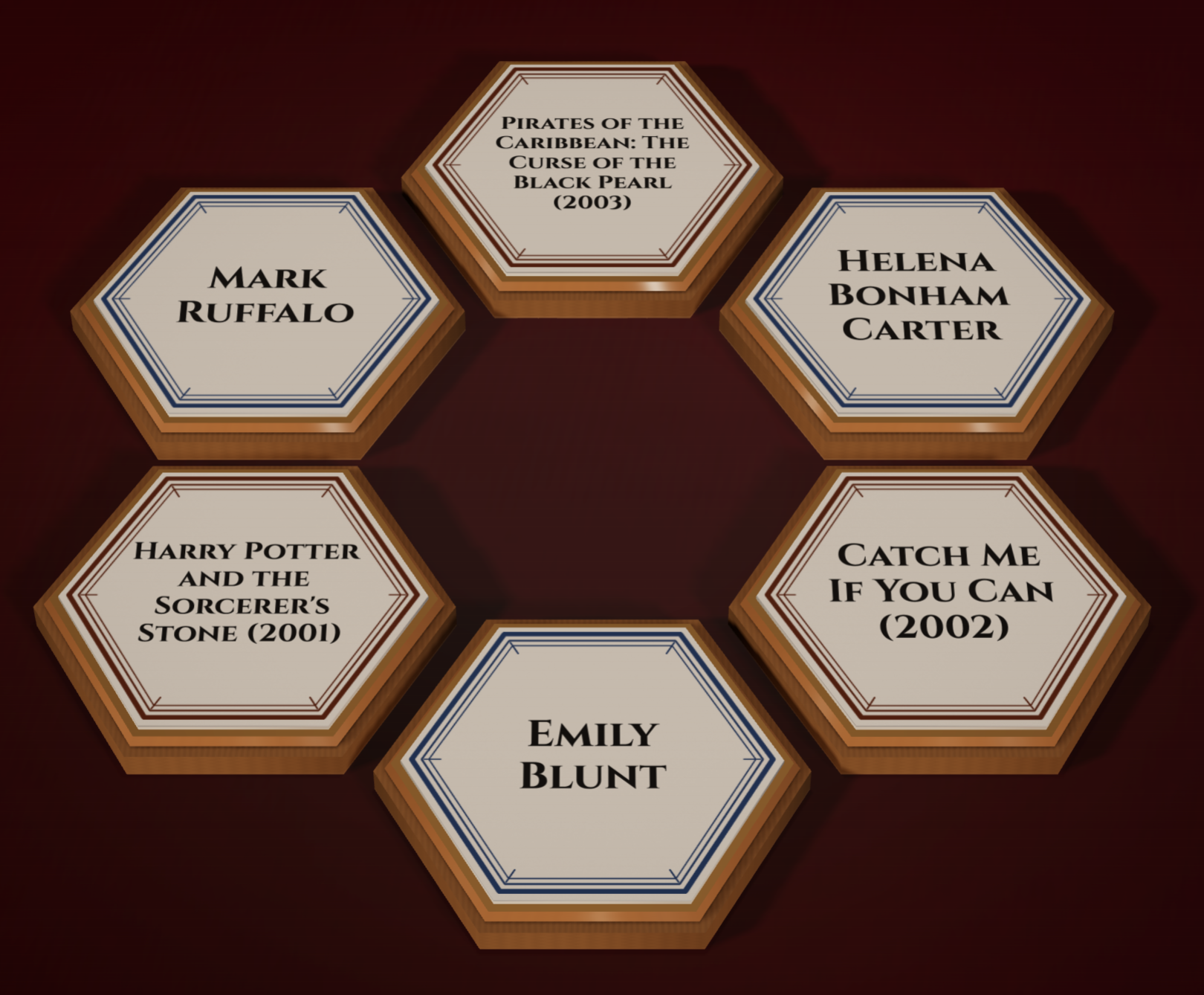 Hell's Hexagon demo board with six anchor tiles.